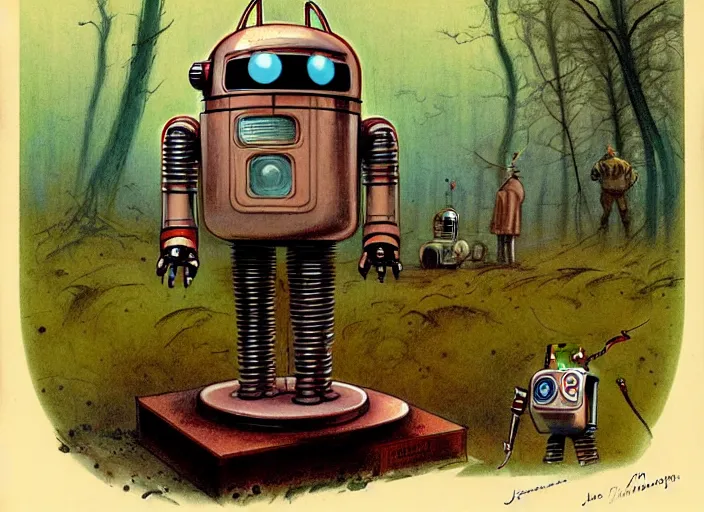 Image similar to 1 9 5 0 s retro - future robot android, forrest in background, muted colors, by jean baptiste monge, chrome red