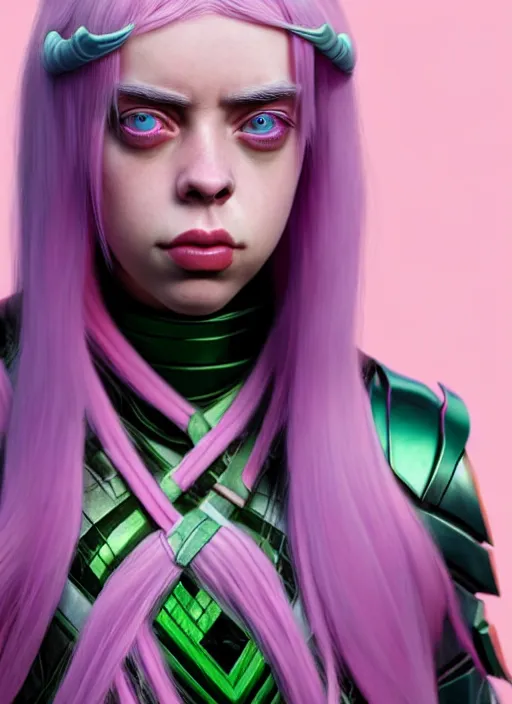 Image similar to Billie Eilish as Female Loki, beautiful facial symmetry, rose pink skin, very detailed, digital art, trending on artstation, smooth render, 8k octane render, digital illustration, by Katsuhiro Otomo and Shigeru Miyamoto and Ian Sprigger