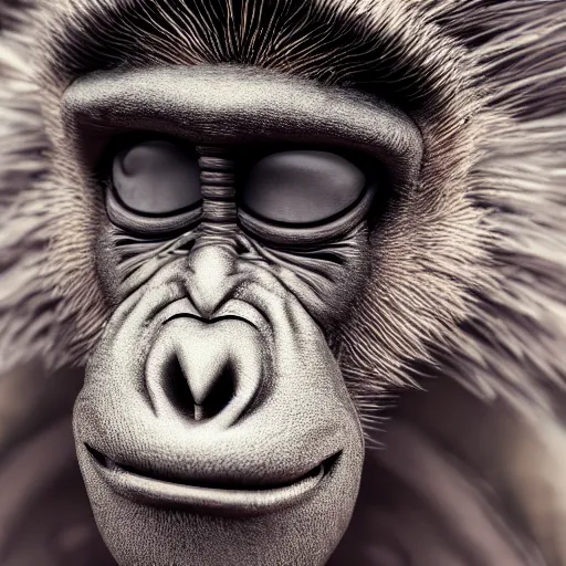 Image similar to Photography of ultra mega super hyper realistic detailed monkey by Hiromasa Ogura wearing cyberpunk style suit . Photo made from 30 meters distance on Leica Q2 Camera, Rendered in VRAY and DaVinci Resolve and MAXWELL and LUMION 3D, Volumetric natural light. Wearing cyberpunk suit with many details by Hiromasa Ogura .Rendered in VRAY and DaVinci Resolve and MAXWELL and LUMION 3D, Volumetric natural light