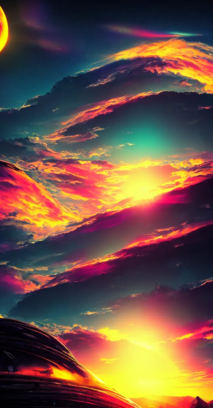 Prompt: realistic photo of colorful sunset on futuristic planet, very sharp focus, dark background, in the style of greg rutswoski, very hyper realistic, highly detailed, fantasy art station