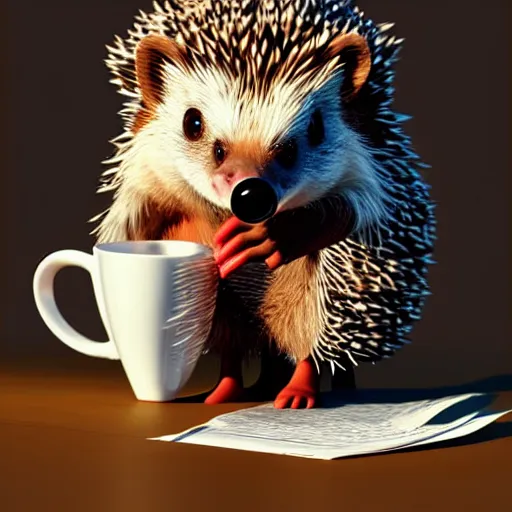 Prompt: hedgehog drinking coffee reading a paper, amazing, beautiful, perfect eyes, full body shot, portrait, vivid colors, elegant, concept art, sharp focus, digital art, Hyper-realistic, 4K, Unreal Engine, Highly Detailed, HD, Dramatic Lighting by Brom, trending on Artstation