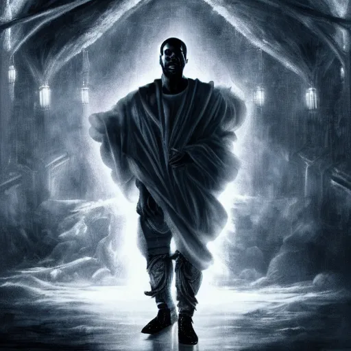 Image similar to Portrait of Kanye West as the god-emperor of mankind, amazing splashscreen artwork, splash art, natural light, elegant, intricate, fantasy, atmospheric lighting, cinematic, matte painting