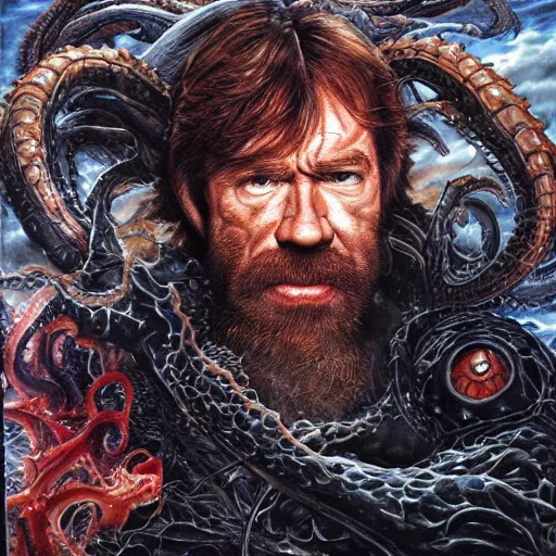 Image similar to uhd photorealistic detailed image of chuck norris defeating lovecraftian cthulhu by ayami kojima, amano, karol bak, correct face