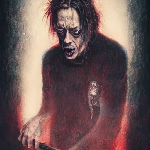 Image similar to disturbing grunge still of a lovecraftian demon infested steve buscemi, crayon horror art in dark and muted colors, by arthur adams, by tom bagshaw, by henry asencio, by kikuchi hideyuki