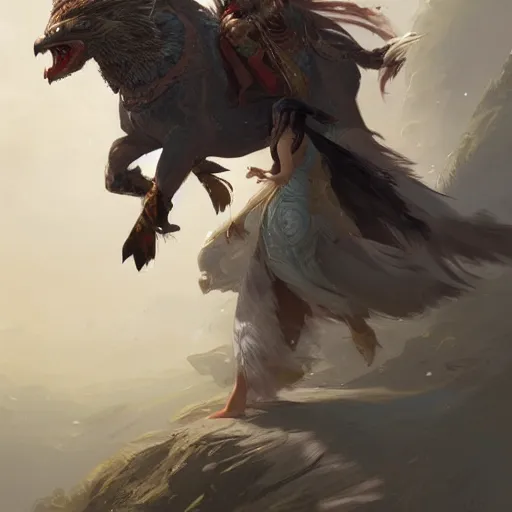 Prompt: asian woman holding an eagle on a horse chasing a wolf, greg rutkowski, fantasy, intricate, elegant, highly detailed, digital painting, artstation, concept art, long shot, cinematic lighting