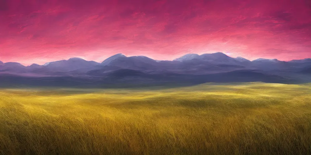 Prompt: empty grass land for miles in every direction s small walks in the distance on the horizon swirling storm clouds in the distant sky at beautiful sunset giant sharp mountains can be seen in the far background through the fog, rule of thirds, hyper detailed, digital art, thick swirling brush strokes, insane complexity, trending on artstation, red and yellow, epic, beautiful