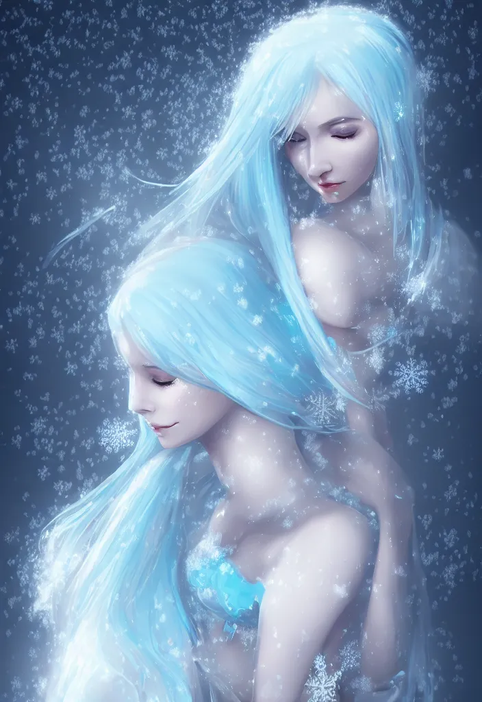 Image similar to a stunningly beautiful woman with pale blue hair wearing a dress made out of snowflake in the middle of a snowstorm. award - winning digital art, trending on artstation