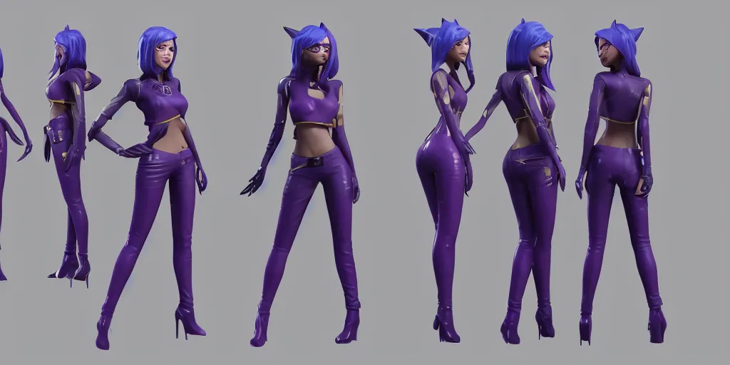 Prompt: character sheet of KDA Caitlyn (League of Legends), blue hair, 3d render, 8k resolution, octane render, sfw