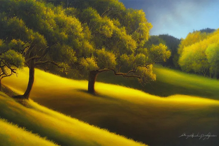 Image similar to masterpiece painting of oak trees on a hillside overlooking a creek, dramatic lighting, by april gornik