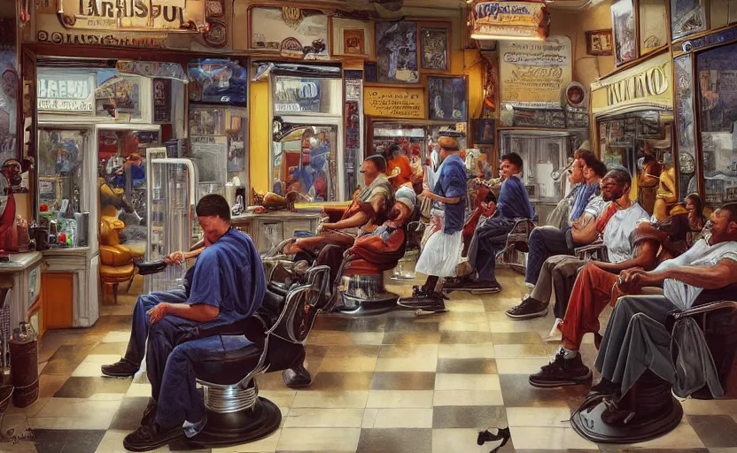 Prompt: a barbershop crowded with customers laughing, fighting, talking, barbers cutting people's hair, people waiting their turn, a very lively barbershop, digital painting, artstation, concept art, donato giancola, Joseph Christian Leyendecker, WLOP, Boris Vallejo, Breathtaking, 8k resolution, extremely detailed, beautiful, establishing shot, artistic, hyperrealistic, octane render, cinematic lighting, dramatic lighting, masterpiece, light brazen, extremely detailed and beautiful face