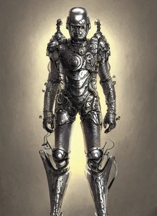 Image similar to powerful male tin man, willem dafoe as tinman, full body character concept, covered in full metal armor, art nouveau, super powers, fantasy, intricate, elegant, highly detailed, digital painting, artstation, concept art, shining, sharp focus, illustration, art by stanley lau
