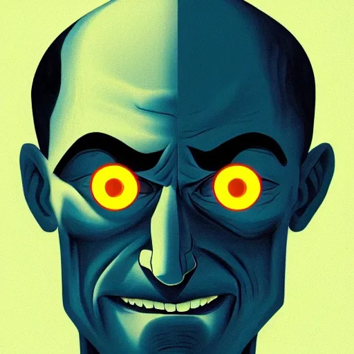 Image similar to solid glowing eyes, digital portrait of secretary of denis mcdonough face with solid glowing eyes, cover art of graphic novel, evil laugh, menacing, Machiavellian puppetmaster, villain, simple style, solid colors, clean lines, clean ink, trending on artstation