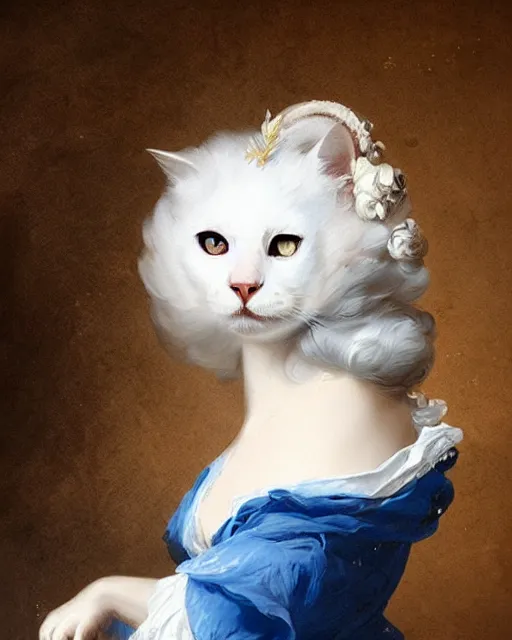 Image similar to cute white cat with blue eyes dressed like marie antoinette, joseph ducreux, greg rutkowski, baroque rococo fashion, royal portrait, elegant, luxurious, oil painting