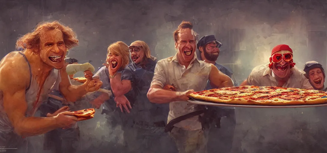 Prompt: a pizza winning the nobel peace prize, 80s style, smiling maniacally, 8k, james gurney, greg rutkowski, john howe, artstation