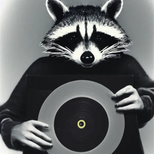 Prompt: close - up, photo of a humanoid raccoon wearing a hoodie, holding a vinyl record, 9 0 - s, polaroid photo, by warhol,