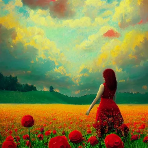 Image similar to giant red flower afro, full body, girl frontal in the middle of a field with flowers, surreal photography, hills, sunrise dramatic light, impressionist painting, colorful clouds, digital painting, pointillism, artstation, simon stalenhag