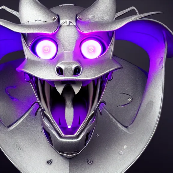 Prompt: high quality close up headshot of a cute beautiful stunning robot anthropomorphic female dragon with metal cat ears, with sleek silver metal armor, purple flesh, glowing LED eyes, facing the camera, high quality maw open and about to eat you, you being dragon food, the open maw being detailed and soft, sharp teeth, soft lulling tongue, highly detailed digital art, furry art, anthro art, sci fi, warframe art, destiny art, high quality, 3D realistic, dragon mawshot, maw art, furry mawshot, macro art, dragon art, Furaffinity, Deviantart