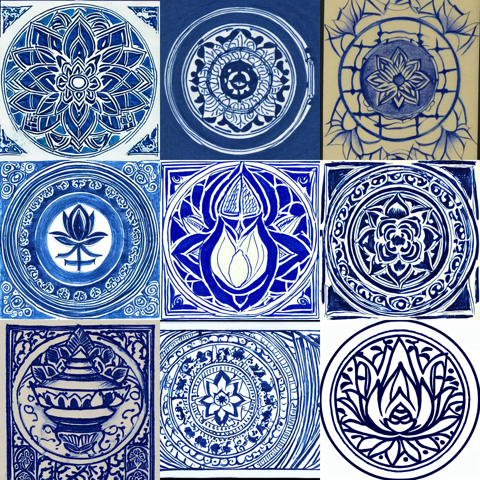 Prompt: blue - and - white drawing of the seal of the blue lotus