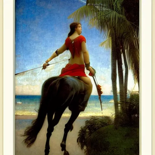 Image similar to Girl riding a horse leaving the palace through the bridge, thunderstorm, pool, beach and palm trees on the background major arcana sky, by paul delaroche, alphonse mucha and arnold böcklin arnold böcklin hyperrealistic 8k, very detailed