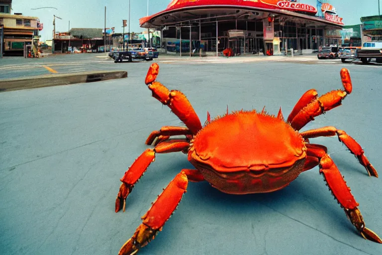 Image similar to 2 0 1 5 giant crab terrorizing a city, googie architecture, americana, fishcore, exterior photography, hd 8 k, photography cinestill