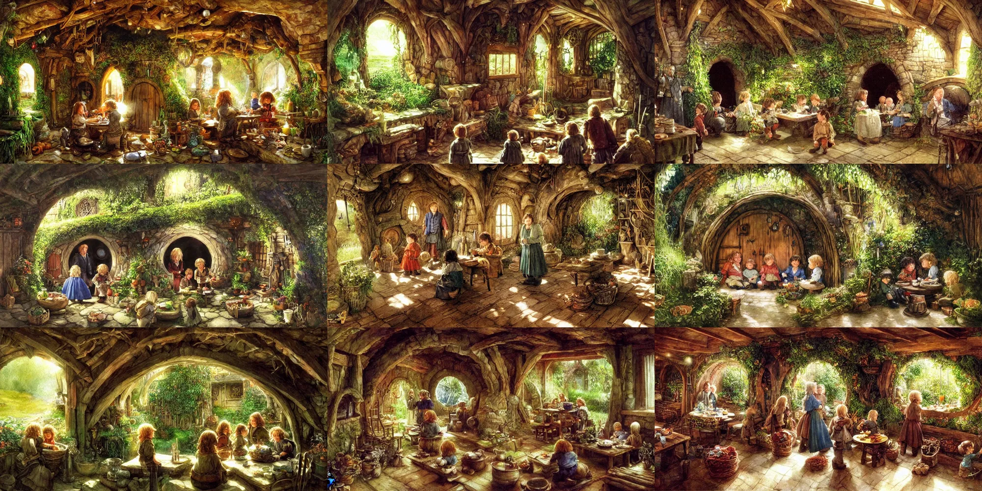 Prompt: a hobbit family celebrating a child's birthday within the interior of a hobbit hole,, by alan lee, art station, dust flickers in beams of light from the windows, finely detailed furniture, warm colors, vibrant greenery outside, birthday decorations, oil painting