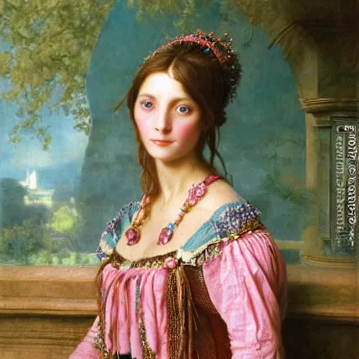 Image similar to portrait of a woman dressed in blue and pink, by howard david johnson.