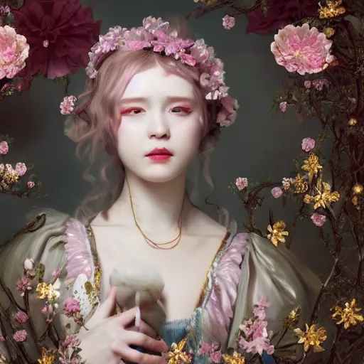 Image similar to 8k, octane render, realism, tonalism, renaissance, rococo, baroque, portrait of a young lady wearing long harajuku manga dress with flowers and skulls, background chaotic gold leaf flowers