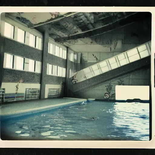 Image similar to abandoned indoor water park with strange creatures lurking, polaroid photo