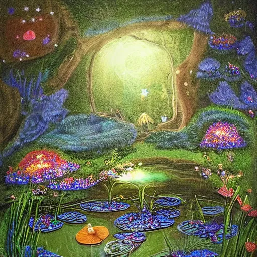 Image similar to detailed fairy hollow with a pond and flowers, nighttime beautiful glow, stars, by Cecily Mary Barker