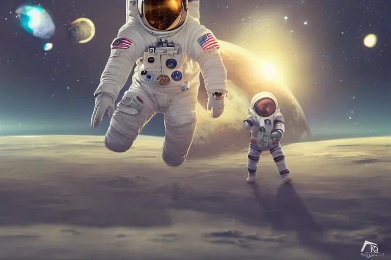 Prompt: astronaut chasing a distant spaceship Anime, wide angle, fine details, cinematic. galaxy starscape. realistic shaded lighting by Ilya Kuvshinov Giuseppe Dangelico Pino and Michael Garmash and Rob Rey greg rutkowski, octane render, IAMAG premiere, aaaa achievement collection, elegant freckles, cinematic hologram, fabulous, daily deviation, annual award winner