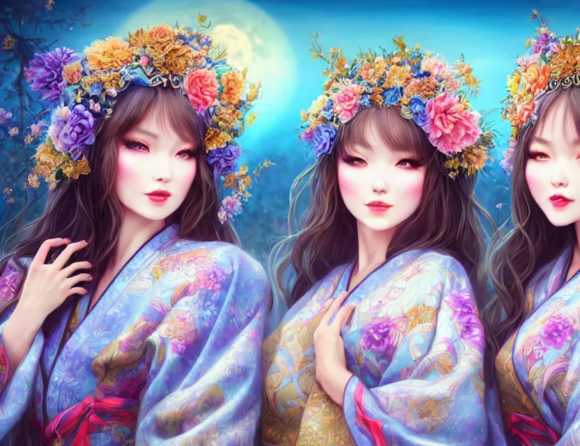 Image similar to two beautiful alluring siberian girls wear fantasy kimono in festival | | sunny night, full moon, dreamlike art, realistic shaded, smile, good looking, hyper details, 4 k realistic, cryengine, realistic shaded lighting poster by artgerm, ross tran, fuji choko, 8 k resolution, trending on artstation, luxury