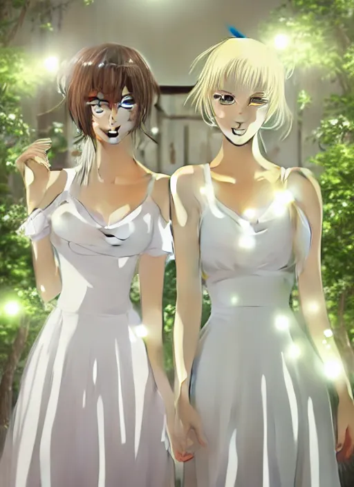 Image similar to two beautiful mature women in a summer home, wearing white dresses, gorgeous faces, cinematic lighting, detailed anime art