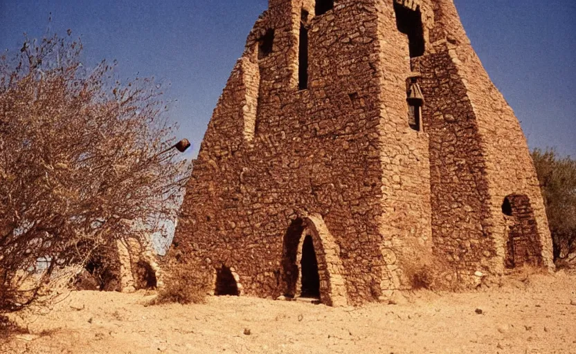 Image similar to movie still: in a desert, a ruined Mexican bell tower. In the foreground lies a bell, half-buried in the ground, by David Bailey, Cinestill 800t 50mm eastmancolor, heavy grainy picture, very detailed, high quality, 4k, HD criterion, precise texture