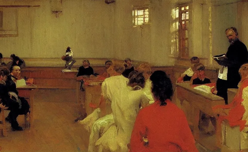 Prompt: high quality high detail painting by ilya repin, classroom, teacher explaining quantum theory, hd