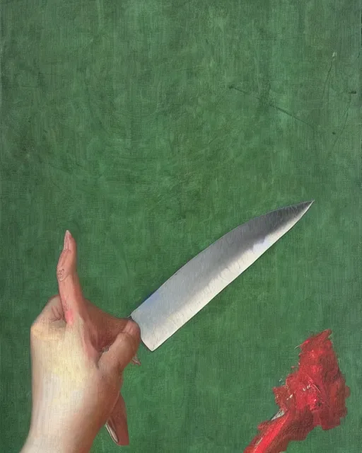 Image similar to by 1 9 th century famous painter, hands, nail polish, blood smear, knife, realism, realistic, oil painting, green wallpaper background