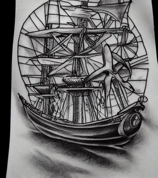 Image similar to A realistic tattoo design sketch of a pirate ship, paper background, black and white tattoo, highly detailed tattoo, shaded tattoo, hyper-realistic tattoo