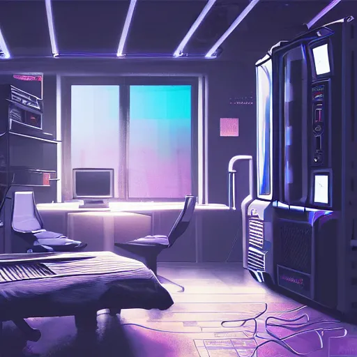 Image similar to A Desktop Computer Tower Case removed, cyberpunk bedroom, award winning, very detailed, artstation, realism