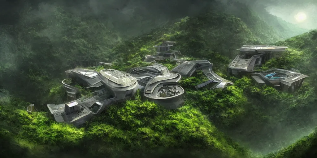 Prompt: small futuristic wealthy busy maximum security prison on a hill in jungle. Poor slums are at the foot of the hill, tropical climate, award winning!, video game concept art, scifi, rural, UE5