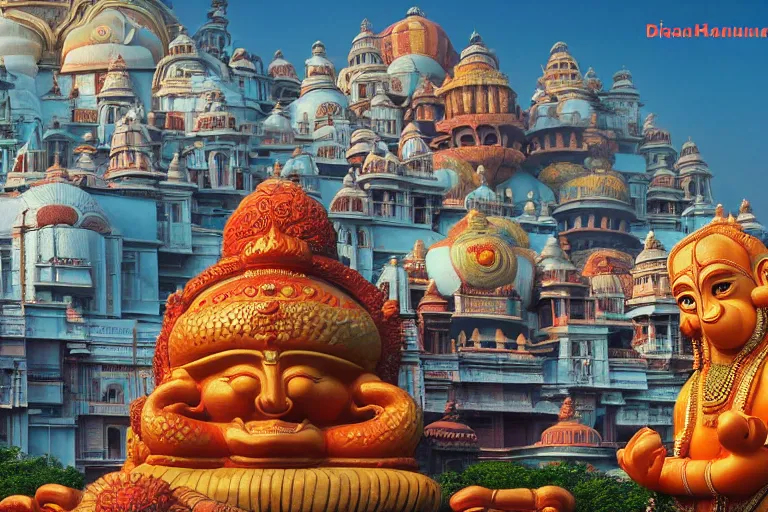 Prompt: high quality dreamscape! biomorphic new delhi, hanuman!! head building, kalighat, octane highly detailed, cinematic smooth, stephen shore & john j. park, soft morning light, wide shot, high angle, uhd 8 k, deep focus