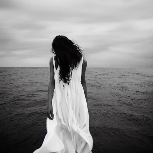 Image similar to A visibly melancholic sad and astonishingly beautiful hamburger in the middle of the ocean. tumultuous sea. cloudy. long wavy hair. long wavy white dress. black and white. 24mm lens. shutter speed 1/30. iso 350. f/5.6 W-1024