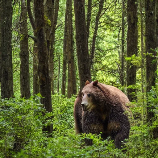 Image similar to A 4k photograph of an photogenic giant short-faced bear walking through a forest full of foilage