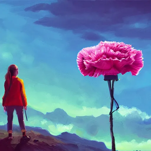 Image similar to giant carnation flower as a head, girl hiking in the mountains, surreal photography, sunrise, dramatic light, impressionist painting, colorful clouds, digital painting, artstation, simon stalenhag