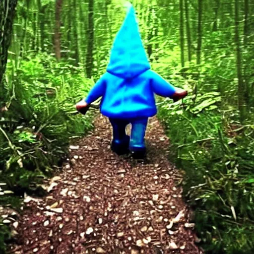 Image similar to bad quality screenshot of a leaked video of a small creature dressed as gnome walking through a forest trail, photo taken from far awar, bright camera flash, disturbing, very scary, realistic, very disturbing, ultrarealistic, 480p