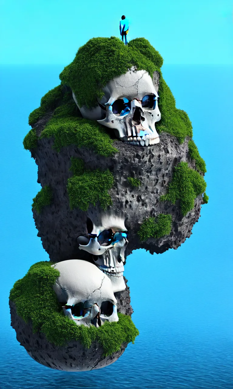 Image similar to an island on top of huge human skull floating on the sea, 9 0 % of the skull is vertically submerged in the water, 8 k, octane render, unreal engine 5, photorealistic