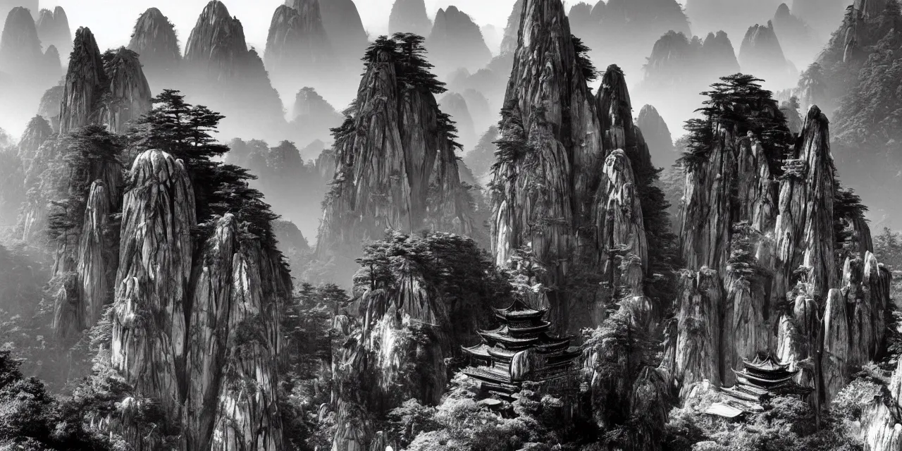 Image similar to huangshan with buddhist temples by ansel adams