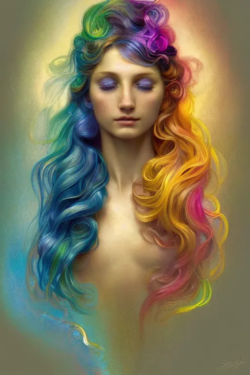 Image similar to bust of a rainbow woma , fantasy, gradient rainbow, dreamy and ethereal, blue eyes, golden ratio, peaceful expression, ornate frilly dress, fantasy, intricate, elegant, rainbow bubbles, highly detailed, digital painting, artstation, concept art, smooth,b sharp focus, illustration, art by artgerm and greg rutkowski and alphonse mucha