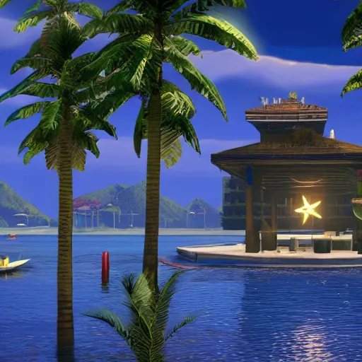 Prompt: Floating palace, moon reflecting on the water, thunderstorm, greek pool, beach and Tropical vegetation on the background major arcana sky, gta v screenshot, pc gta 5 videogame, hyperrealistic 8k, award-winning, very very very detailed