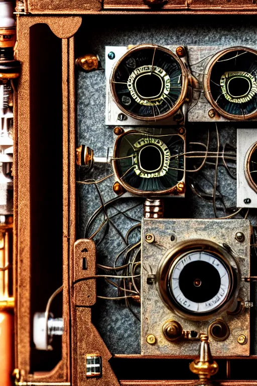 Image similar to A photo of a very old opened camera with vacuum tubes, capacitors and coils inside by Wes Anderson, grungy, weathered Ultra detailed, hyper realistic, 4k