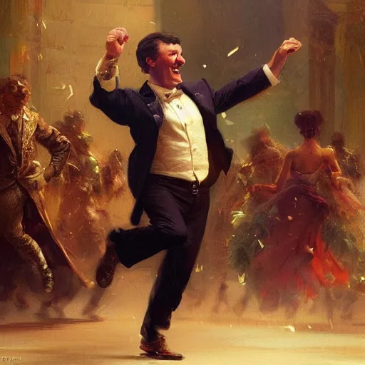 Image similar to an elated chancellor, dancing a jig, character portrait by greg rutkowski, gaston bussiere, craig mullins