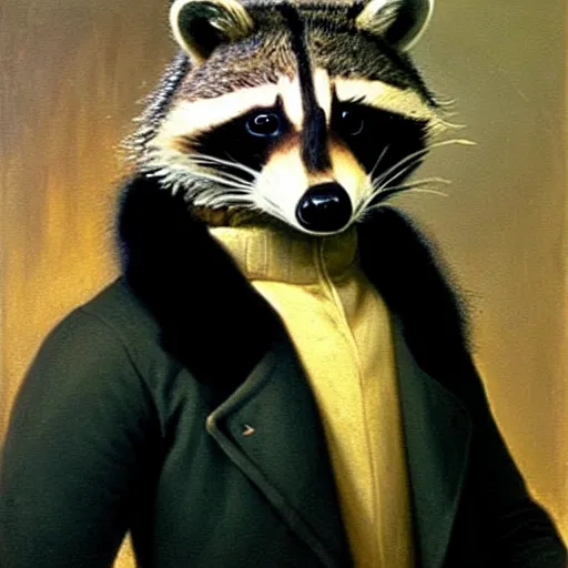 Prompt: a head - and - shoulders portrait of a raccoon wearing a black buttoned jacket with a white scarf, an american romanticism painting, a portrait painting, cgsociety, soft focus, oil on canvas